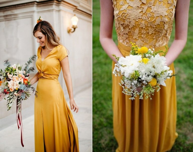 Trendová farba horčicovo žltá pre svadobné šaty s krátkym rukávom alebo čipkou