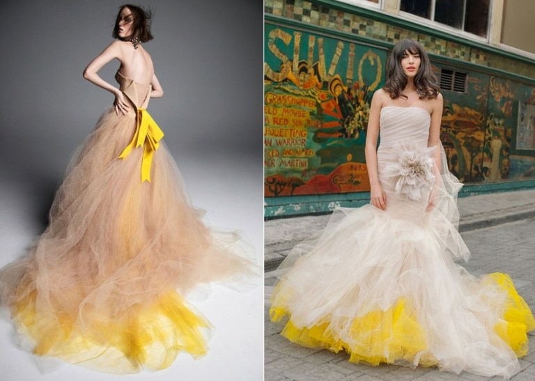 Svadobné šaty Vera Wang v béžovej a krémovej farbe so žltými akcentmi a množstvom tylu