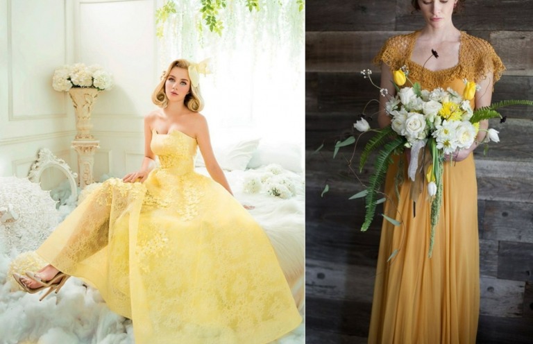 Horčicovo žlté háčkované svadobné šaty a svetlo žlté retro svadobné šaty so zodpovedajúcim účesom