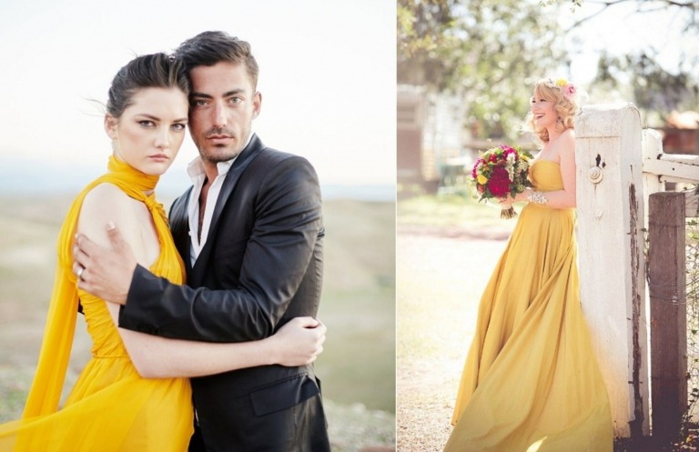 Svadobné šaty v žltej farbe so šatkou a červenou svadobnou kyticou ako kombinácia k šatám