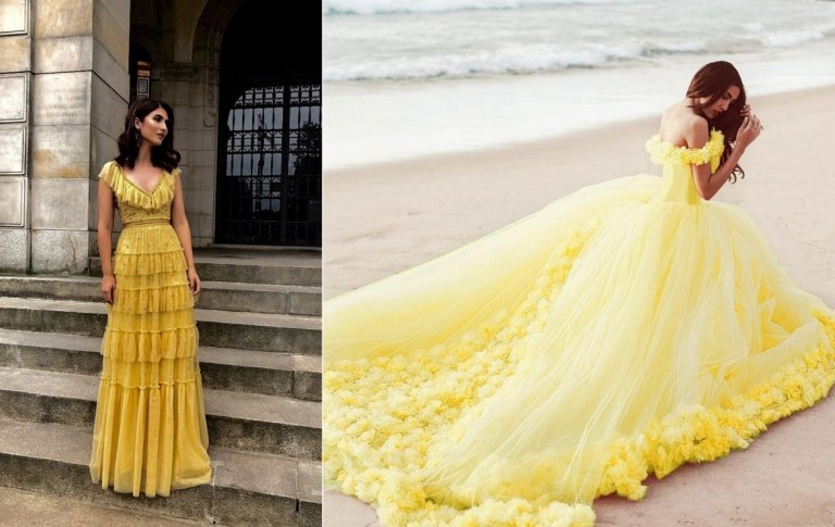 Svadobné šaty v žltej farbe s volánmi a v svetlo žltej na rozprávkovú svadbu