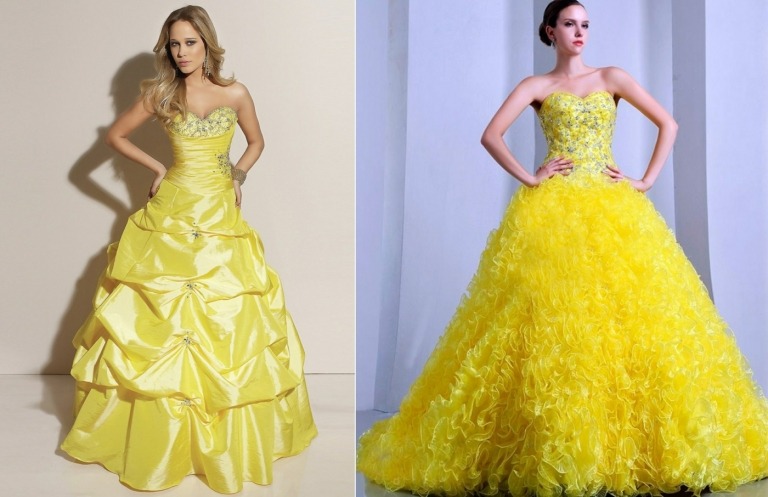 Pompézne svadobné šaty v žltej farbe s tylom, volánmi a naberané bez ramienok