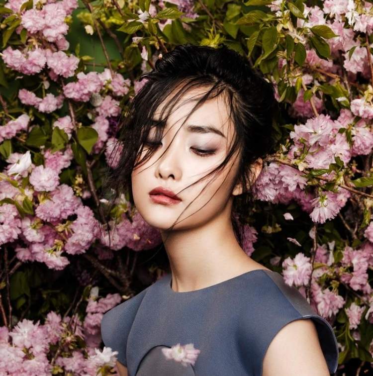 Očný make -up v sivom tóne a hnedých perách tipy na jarné líčenie-ázijské oči-sivé-tiene-očné tiene-hnedé-pery