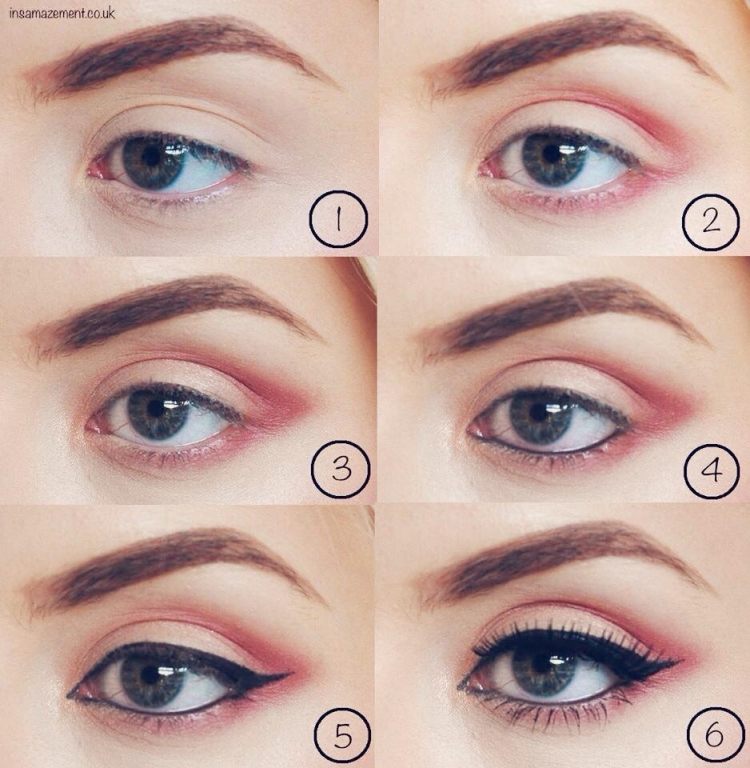 Návod na líčenie pre jarné líčenie v ružovej a broskyňovej farbe jarný make-up-príklad-návod-ružovo-broskyňová-očná linka