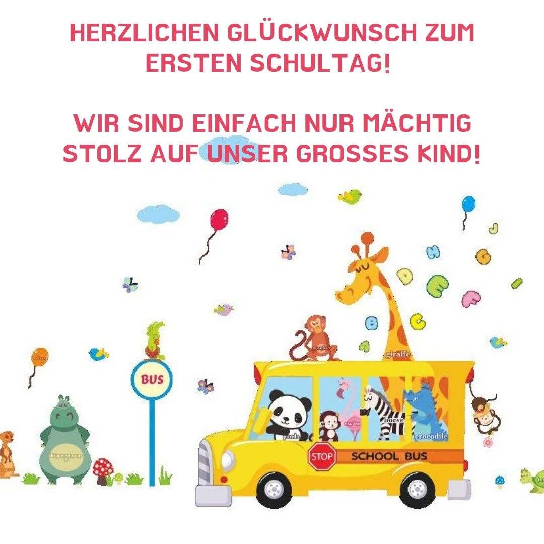 Blahoželáme k prvému školskému dňu so školským autobusom a zvieratami ako obrázku