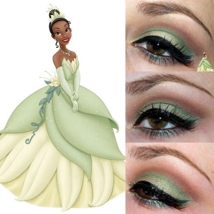 Tiana nápady na líčenie na Halloween-líčenie zeleného oka Halloween-make-up-účesy-nápady-Disney-Tiana-princezná-zelené-očné tiene