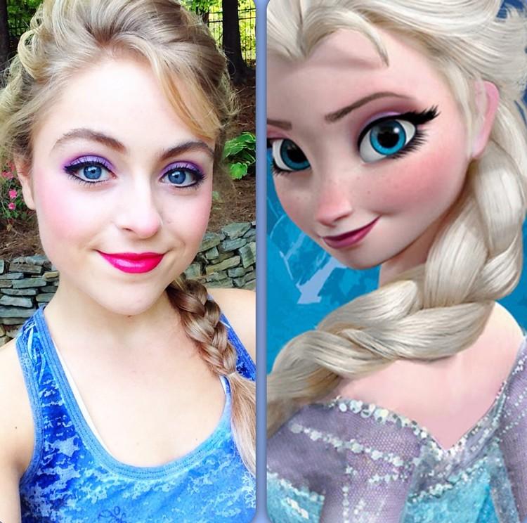 Nápad na líčenie Elsa s ružovým rúžom a fialovým očným tieňom Halloween-makeup-účesy-Elsa-Disney-princezné-nápady