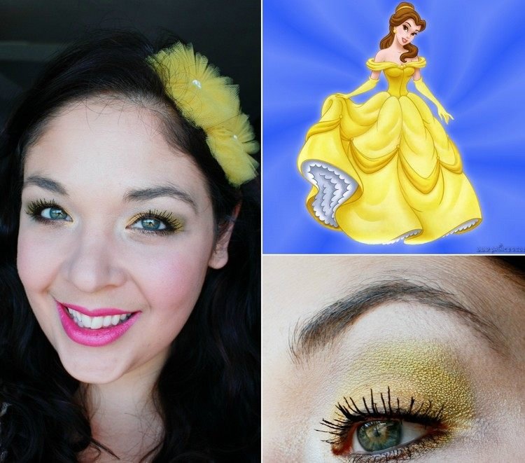 Účes Belle, vlasové doplnky a očné tiene Halloween-Make-up-Účesy-Belle-Disney-Princezné