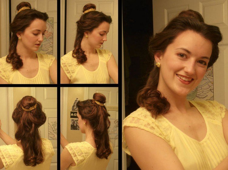 Vytvorte si účes Belle sami - Disney princezné Halloween-makeup-účesy-návod-Belle-Disney-vlasy