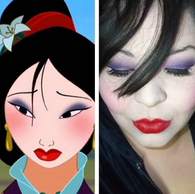 Disney princezná Mulan s fialovým očným tieňom a červeným rúžom Halloween make -up účesy pery tvár Disney film