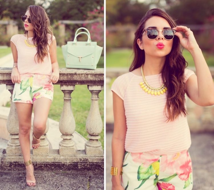 kvetinové-hotpants-outfit-leto-ružovo-mäta-zeleno-žlté akcenty