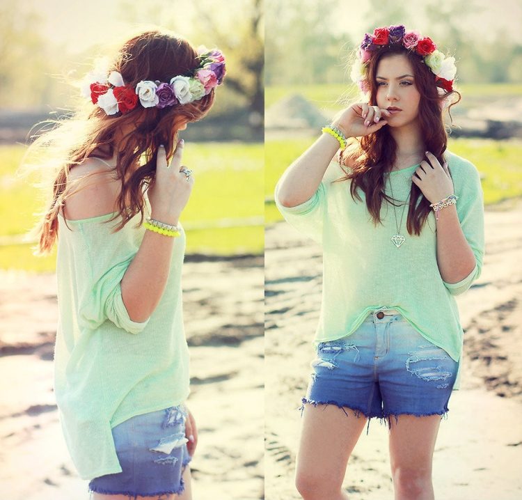 rifle-hotpants-outfit-leto-ombre-efekt-mäta-zelená-blúzka-ruženec