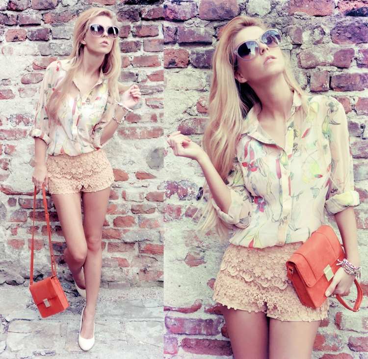 teplé nohavice-outfit-leto-čipka-broskyňová-farba-šifónová košeľa