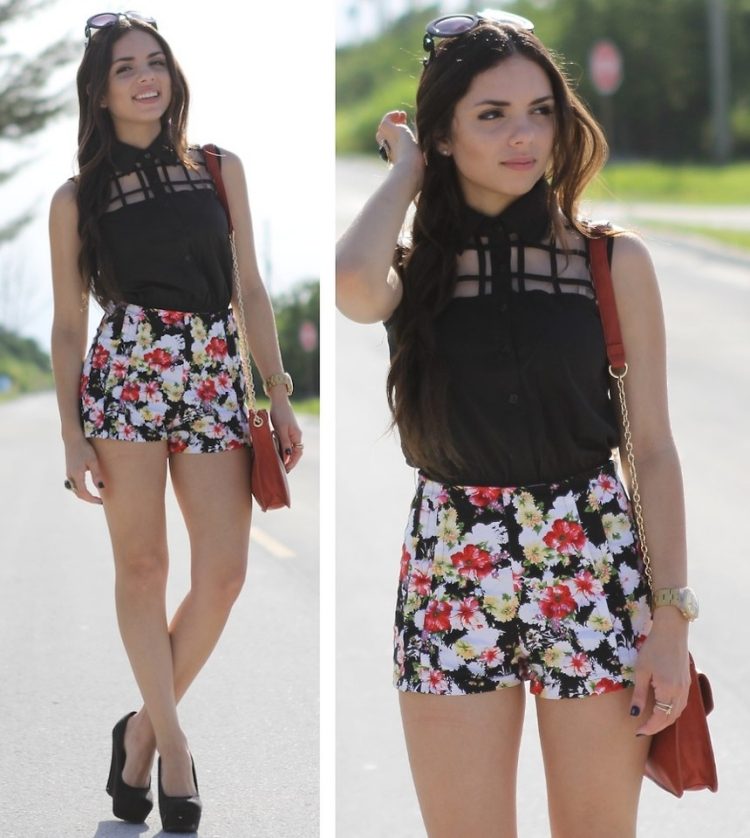 kvetinovo-horúce nohavice-outfit-leto-čierna-košeľa-bez rukávov