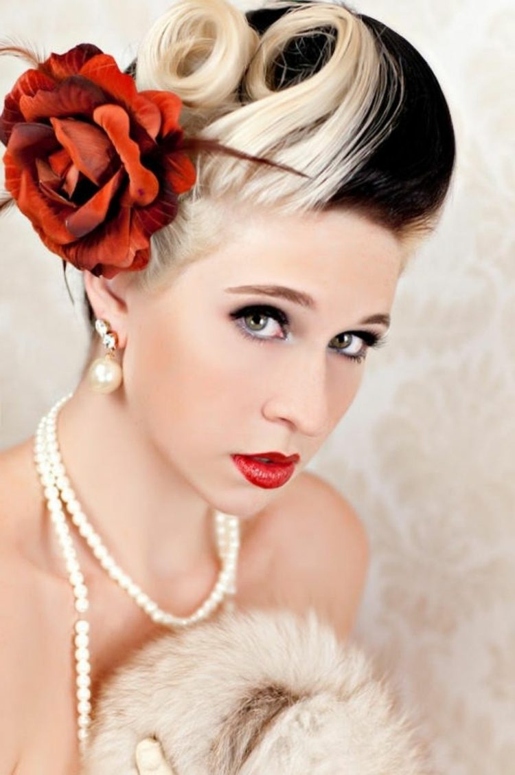Účesy v štýle Rockabilly sú obzvlášť zvýraznené originálnymi farbami na vlasy účesy rockabilly svadobný nápad cruella de vil štýl ružový perlový náhrdelník