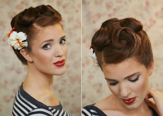 retro rockabilly účes pin-up kučery kvet ibišteka ako ozdoba do vlasov retro-rockabilly-účes-pin-up-kučery-ibištek-kvetinovo-vlasové doplnky