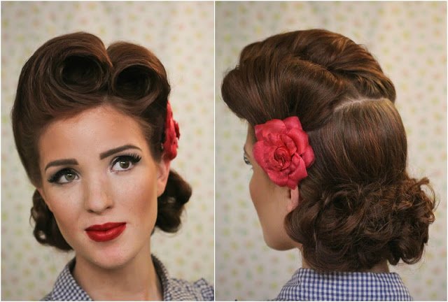 retro rockabilly účes červený kvet ucho retro-rockabilly-účes-štyridsiate roky minulého storočia-červený-kvet-ucho