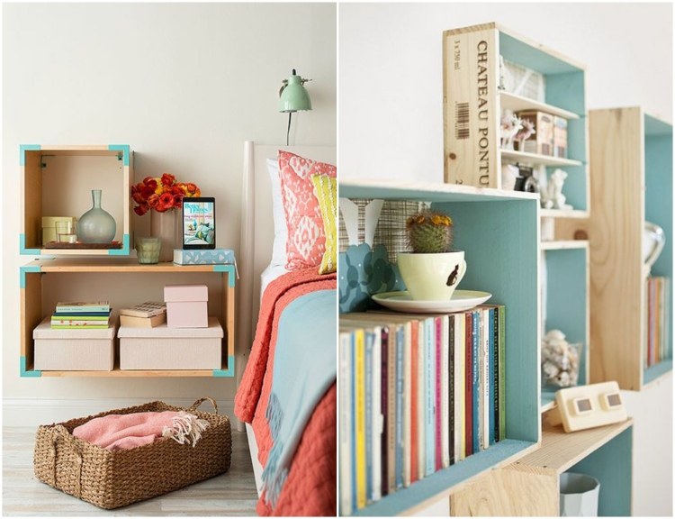 nápady na byt-vlastnoručne vyrobené-nástenné police-drevené boxy-modro-lakované