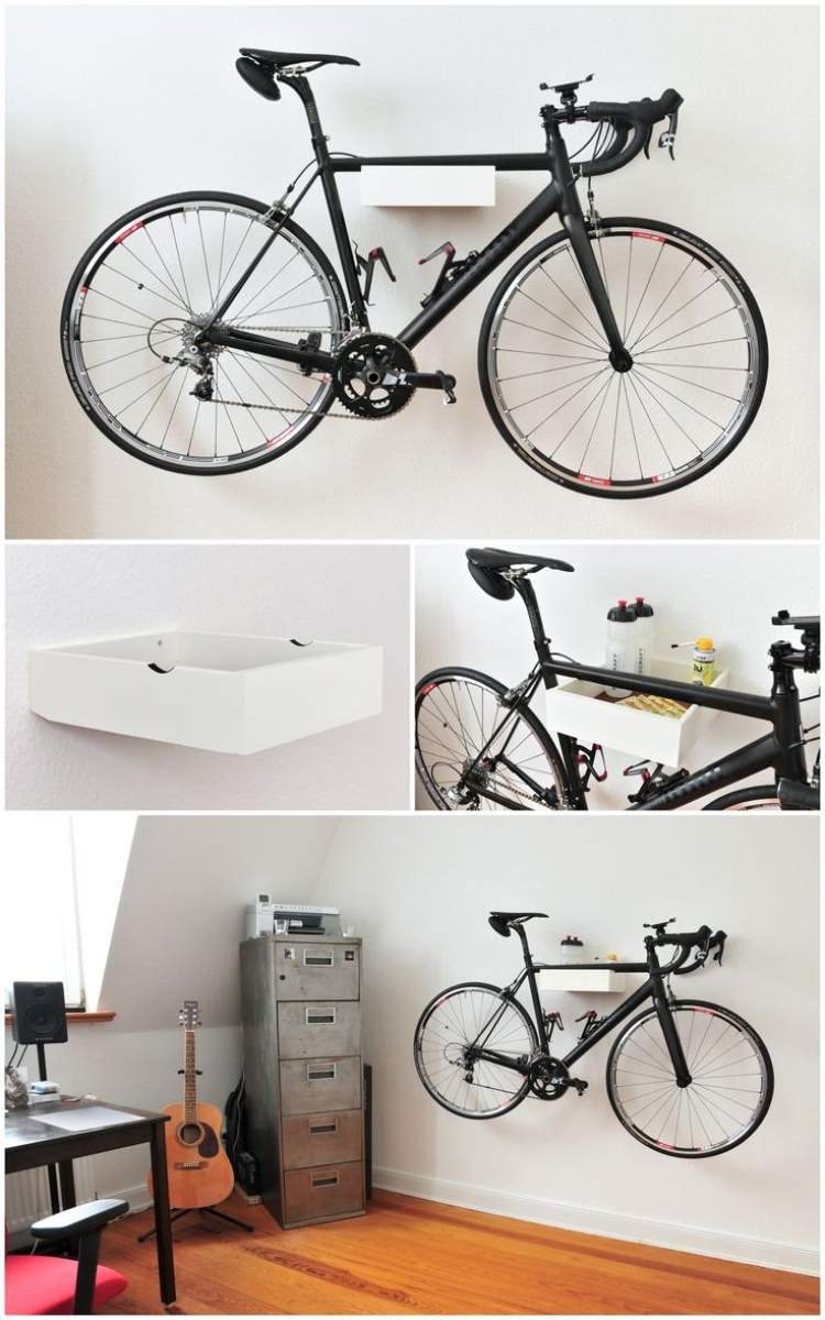 byt-nápady-vlastnoručne vyrobený-bicykel-držiak na stenu-drevo-bielo-lakovaný