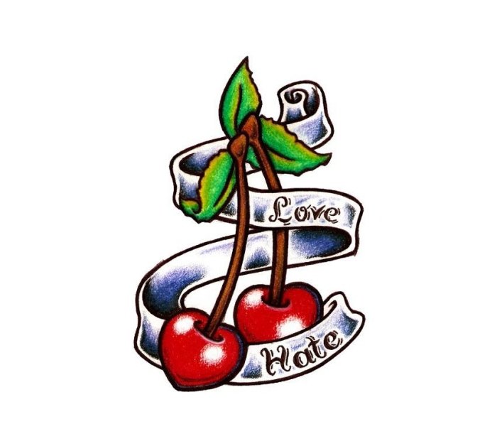 Rockabilly tattoo navrhuje višne, lásku a nenávisť v angličtine tetovanie-motívy-čerešne-láska-nenávisť-farebné