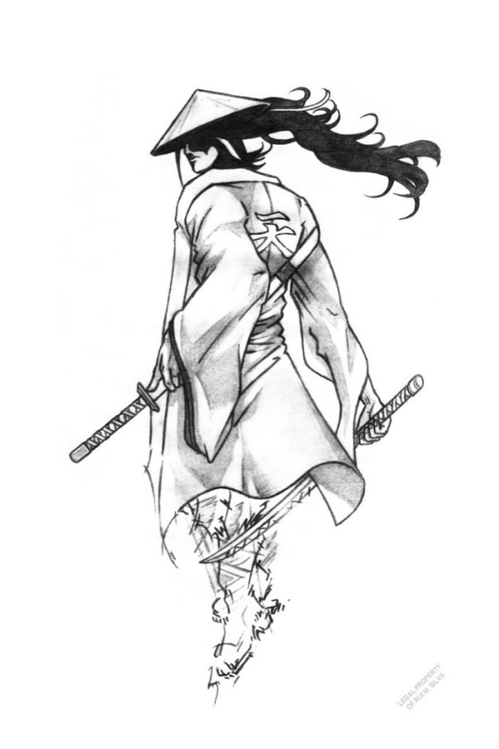 Samurajský bojovník s dvoma nápadmi na meče pre šablóny tetovania Samurajský bojovník šablóna pre dva meče-nápady-tetovanie