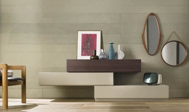 nápady komody návrh asymetrické drevené pruhy LINEA alf uno