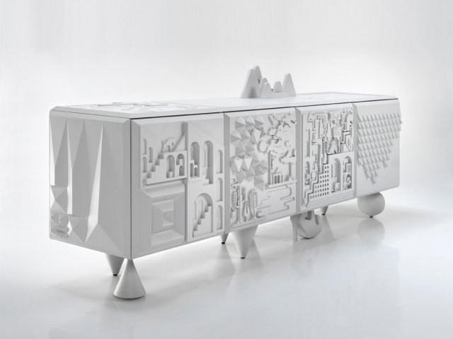 príborník dizajn biele reliéfne kresby TOUT VA BIEN Antoine Manuel-bd-barcelona