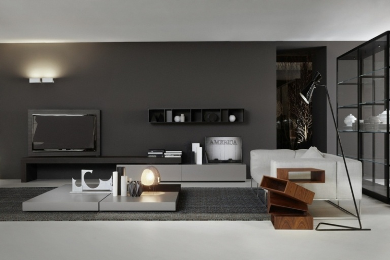 moderná obývačka nízka doska sivá polica moderná vlajka porro