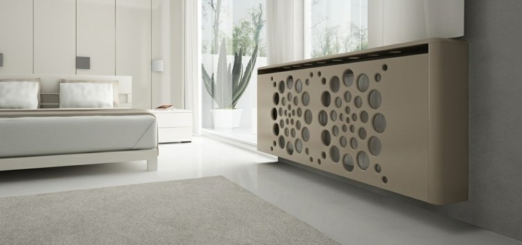 Nápad s perforovaným dizajnom v kvetinovom vzore nápady obklady radiátorov kruhy mandala dizajn krémová farba spálňa