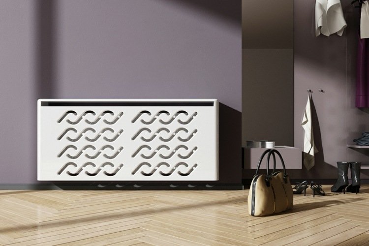 Obloženie chladiča ako akcent v interiéri nápady obklad radiátora moderný vzor perforovaný parket vzor rybia kosť