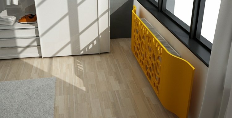 Žltý kryt chladiča nápady obklad radiátora žltá farba moderná dekorácia spálňa