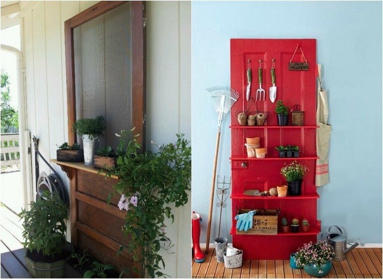 Namontujte police na staré dvere a uložte tam nástroje Nápady na záhradnú výzdobu-staré-dvere-police-záhradné náradie
