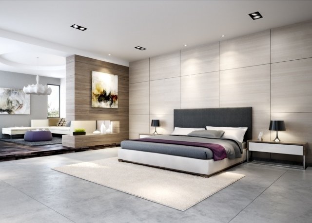 Podkrovný apartmán-spálňa-priečka-drevený obklad-vstavaný krb