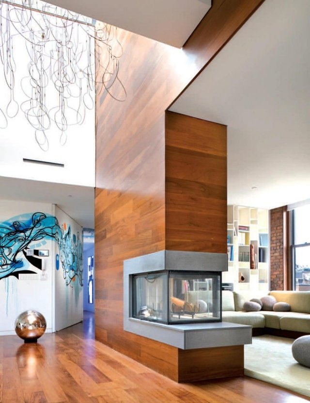Obytný dom-interiérový-dizajn-centrálny-prvok-krb-priečka-komín-drevo-obklad