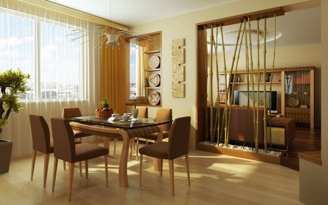 rozdeľovač izieb-nápady-obývacia časť-bambusové tyče-strop-vysoké-riečne kamene-prírodný-dekor