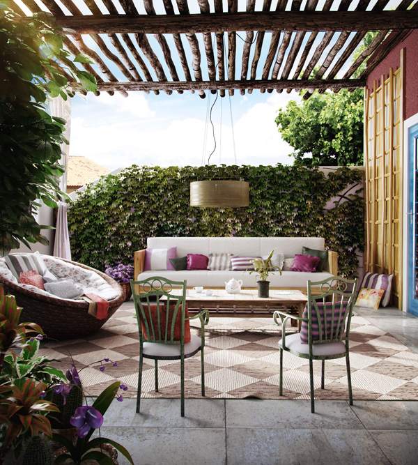 terasa dizajn súkromie obrazovka brečtan strešná krytina drevené lamely vonkajší koberec