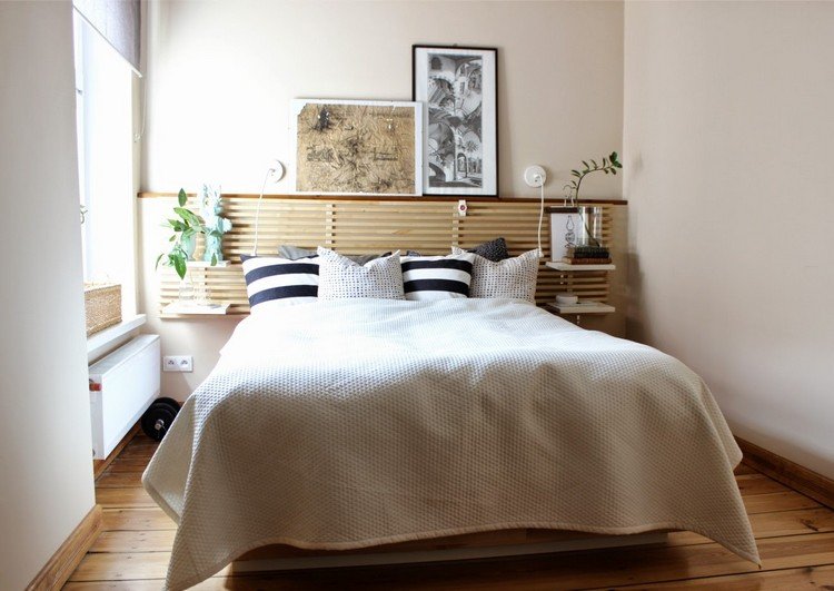 bytové zariadenie-nápady-spálňa-posteľ-čelo postele-drevené lamely-integrované-nočné stolíky