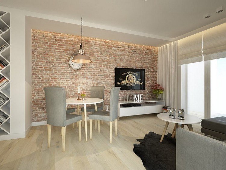 bytové zariadenie-nápady-obývačka-jedáleň-nepriame-stropné-osvetlenie-tehlová stena