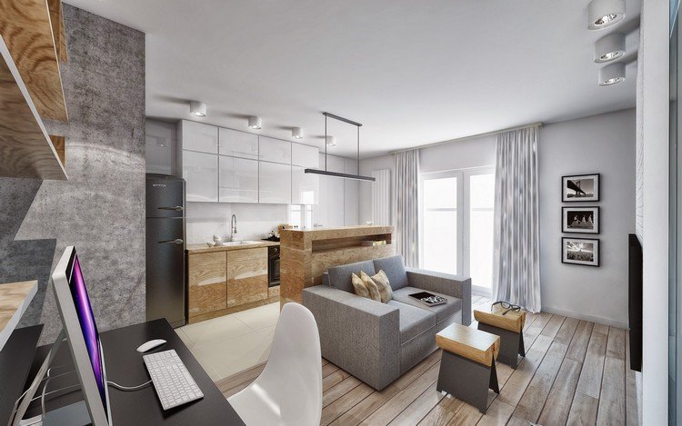 výzdoba domova-nápady-obývačka-kuchyňa-biela-drevo-sivá-plánovanie miestnosti