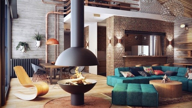 nápady na zariadenie domova podkrovná obývačka priemyselný štýl otvorený krb nápady na zariadenie domova-loft-obývačka-priemyselný štýl-otvorený krb