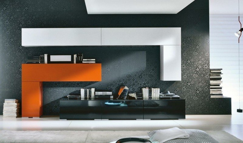 Nápady na dizajn steny - kvetinové motívy na čiernom pozadí nápady na dizajn steny čierna kvetinová nástenná jednotka vysoký lesk biela oranžová