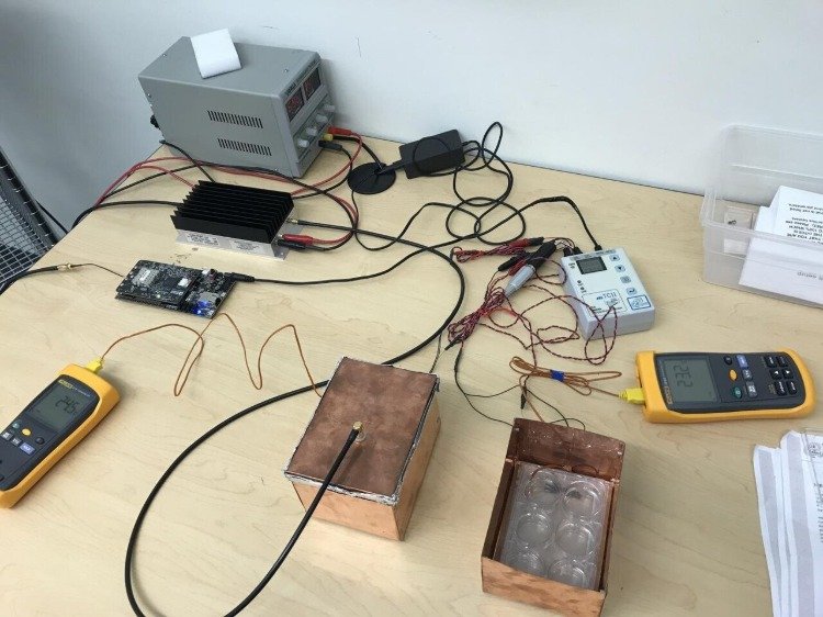 výskumný experiment so zebrafish v krabici vyrobenej z medi na testovanie frekvencií 5g