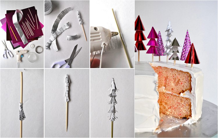 Vyrobte si stromčeky ako ozdobu na tortu z lesklého papiera