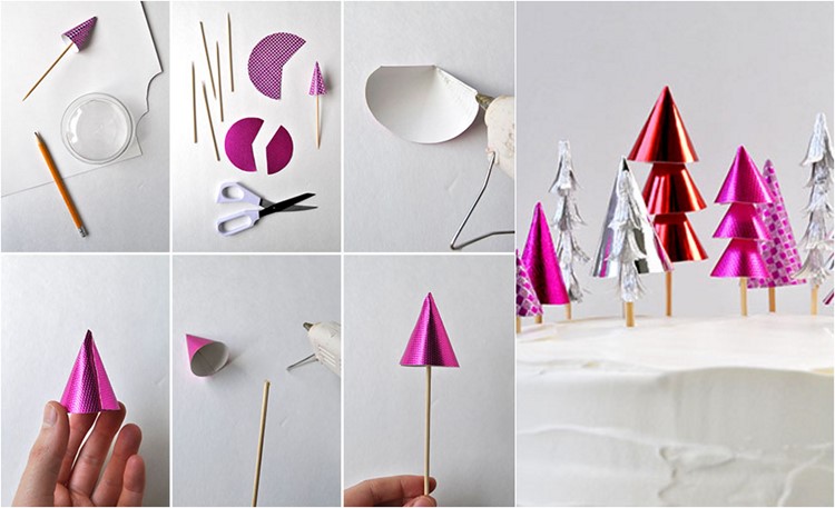 Zložte lesklý papier na šišky a prilepte na šašlik