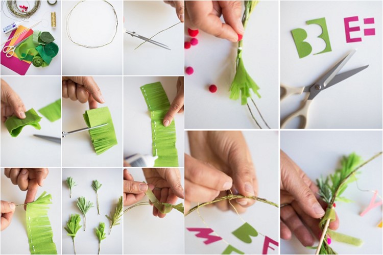 Z krepového papiera vytvorte borovicové konáre a zaviažte na drôtený veniec