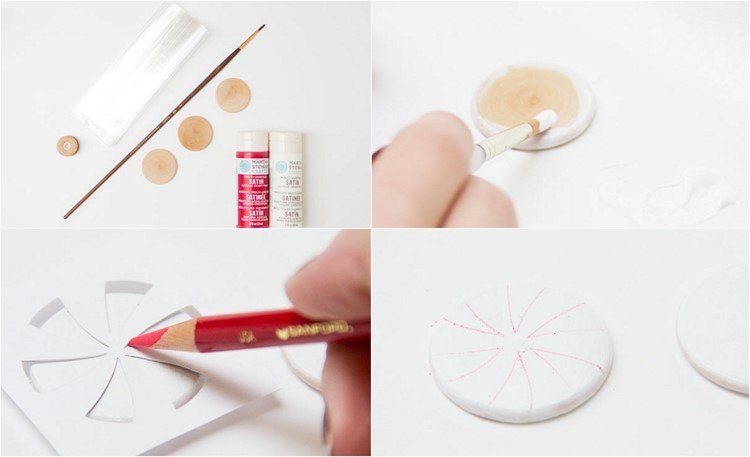 Namaľujte drevené disky bielou a červenou farbou ako mäty pieporné