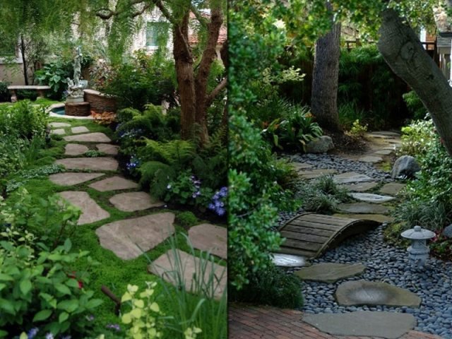 nápady na záhradnú cestu štrkový mach drevený most záhradný chodník nápady na dizajn príklady štrkový mach drevený most