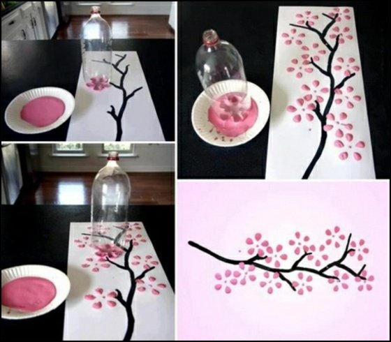 Umenie z plastových fliaš vytvára odtlačok maliarskeho stromu pink-dots-tree-leaves-cut-plastová fľaša