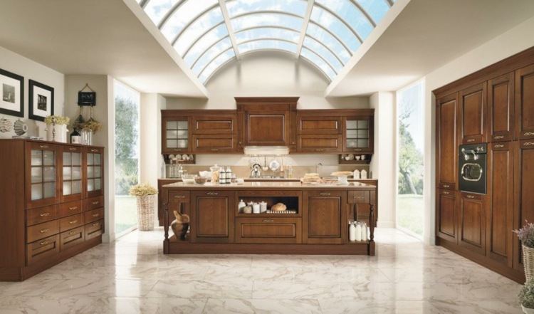 Myšlienka prírodného dreva nápady-pre-vidiecke kuchyne-priestranné-vitríny-drevený bufet-mramorová podlaha