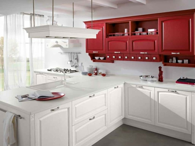 Rohové kuchynské stojany, červené nástenné jednotky, kuchynské ostrovné podstavce Stojany na riad, červené nástenné jednotky, kuchynský ostrov, základné jednotky, biele